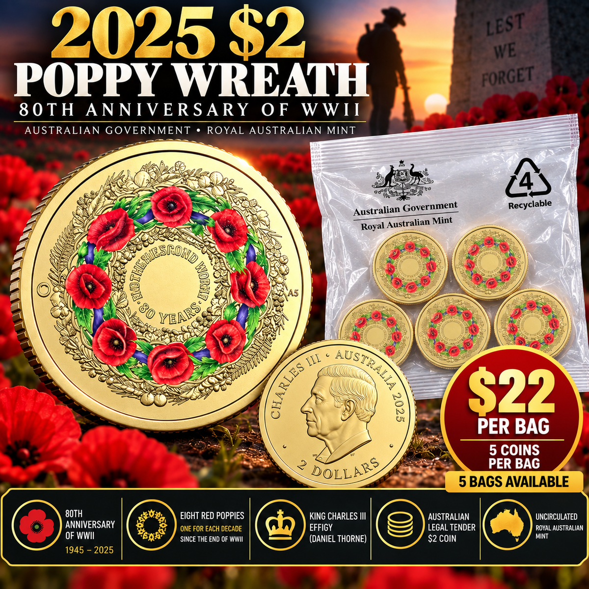 2025 $2 Poppy Wreath – Uncirculated Coin Bag