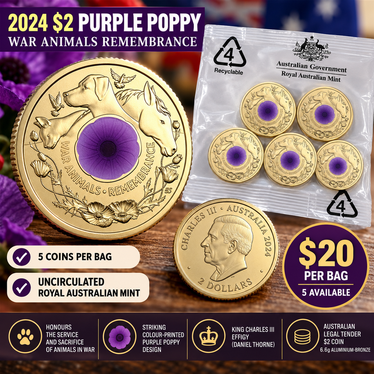 2024 $2 Purple Poppy – Uncirculated Coin Bag